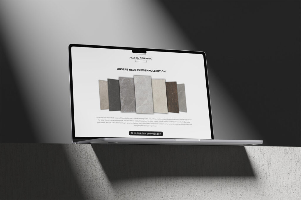 Webdesign Referenzen: Neue Webseite und Online-Shop für die Aloha Ceramix GmbH auf einem Laptop
